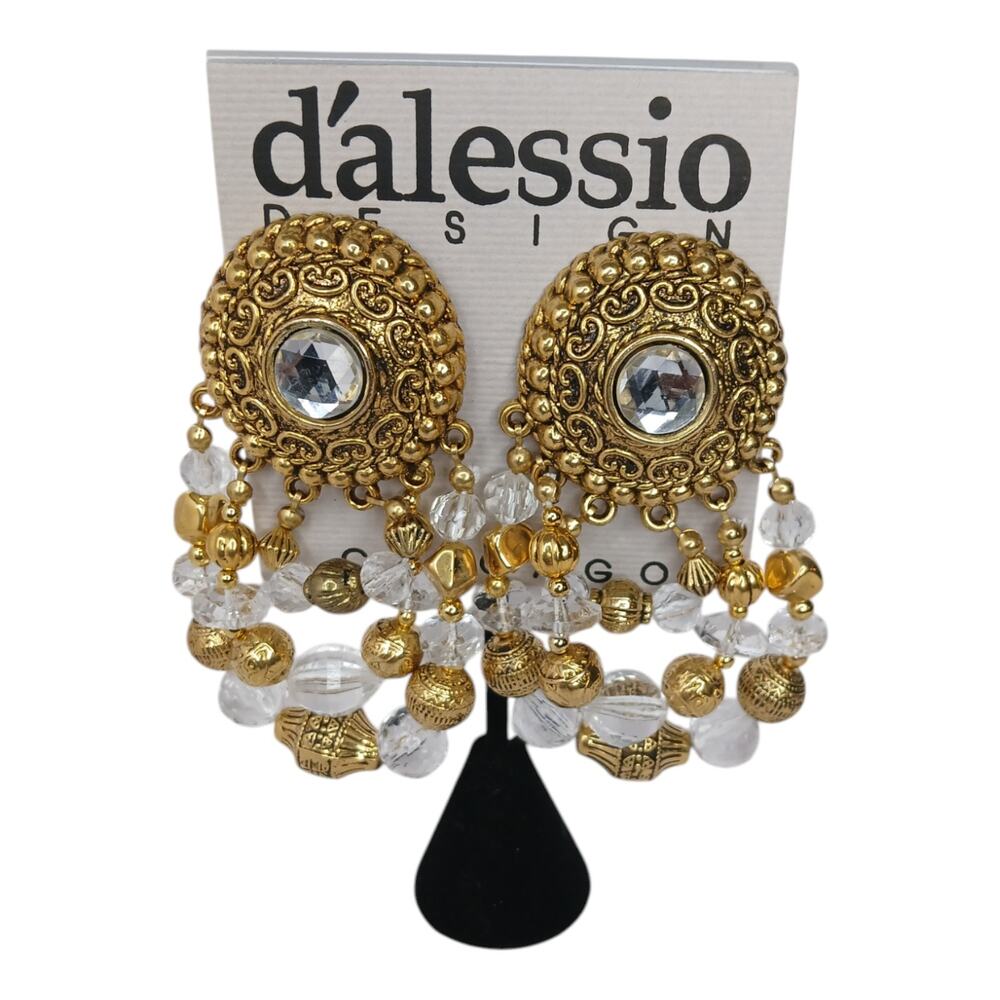 D’Alessio Design Clear & Gold Statement Clip-On Earrings – NOS